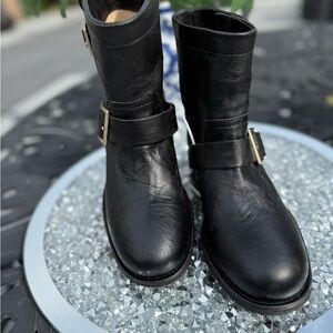 New Jimmy Choo Black Leather Ankle Boots with Gold Buckles